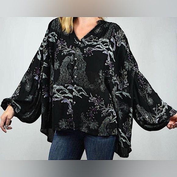 Free People Oversized Black Metallic Bloom Peacock Balloon Sleeve Blouse Size XS - Picture 13 of 15